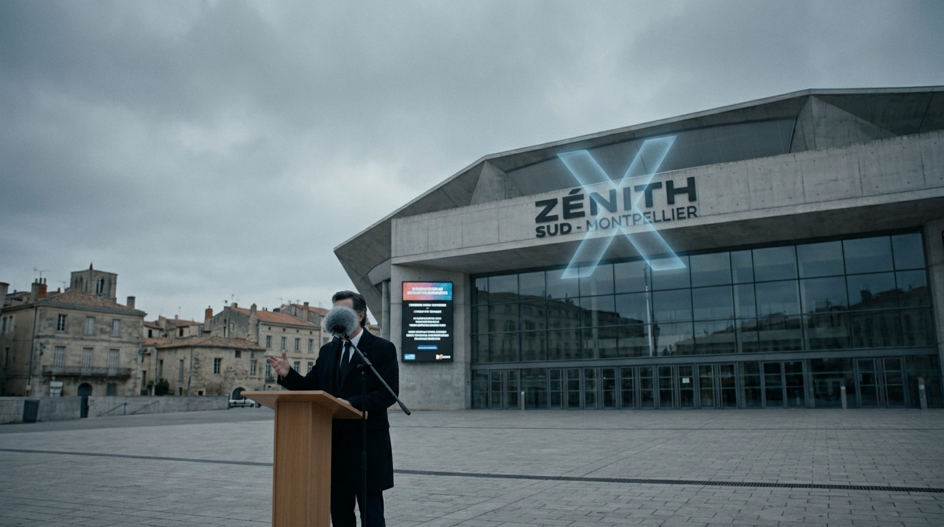 Un homme en costume derrière un pupitre devant le Zénith Sud de Montpellier sous un ciel gris et nuageux.