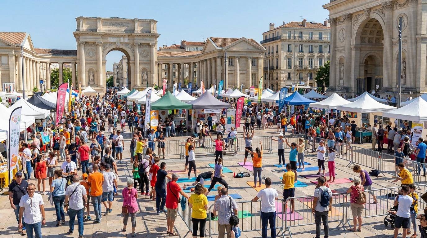 Vue sur le forum des associations avec des stands et des personnes pratiquant du yoga en extérieur à Montpellier.