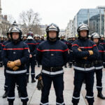 Des sapeurs-pompiers français en uniforme alignés sur une place publique lors d'une manifestation.