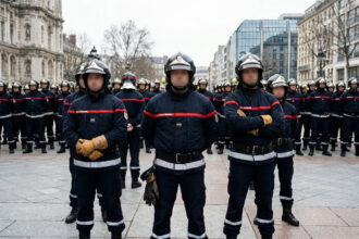 Des sapeurs-pompiers français en uniforme alignés sur une place publique lors d'une manifestation.