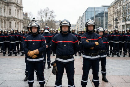 Des sapeurs-pompiers français en uniforme alignés sur une place publique lors d'une manifestation.