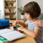 Une jeune fille prépare ses fournitures scolaires sur un bureau avec l'aide d'un parent.