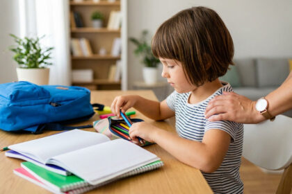 Une jeune fille prépare ses fournitures scolaires sur un bureau avec l'aide d'un parent.