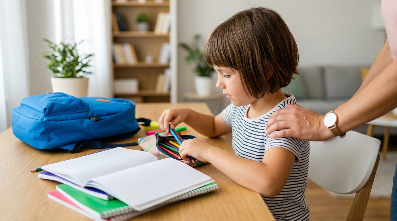 Une jeune fille prépare ses fournitures scolaires sur un bureau avec l'aide d'un parent.