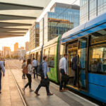 Usagers montant et descendant d'un tramway bleu et vert à un arrêt moderne de Montpellier au coucher du soleil.