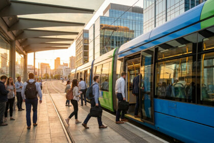 Usagers montant et descendant d'un tramway bleu et vert à un arrêt moderne de Montpellier au coucher du soleil.