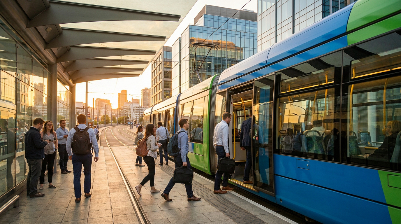 Usagers montant et descendant d'un tramway bleu et vert à un arrêt moderne de Montpellier au coucher du soleil.