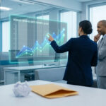 Deux professionnels analysant un graphique numérique de tendances sur une paroi vitrée dans un bureau moderne.