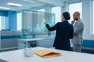 Deux professionnels analysant un graphique numérique de tendances sur une paroi vitrée dans un bureau moderne.
