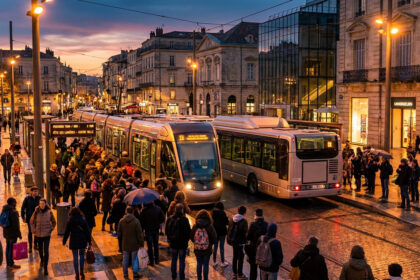 Foule attendant le tramway et le bus TaM à Montpellier au crépuscule.