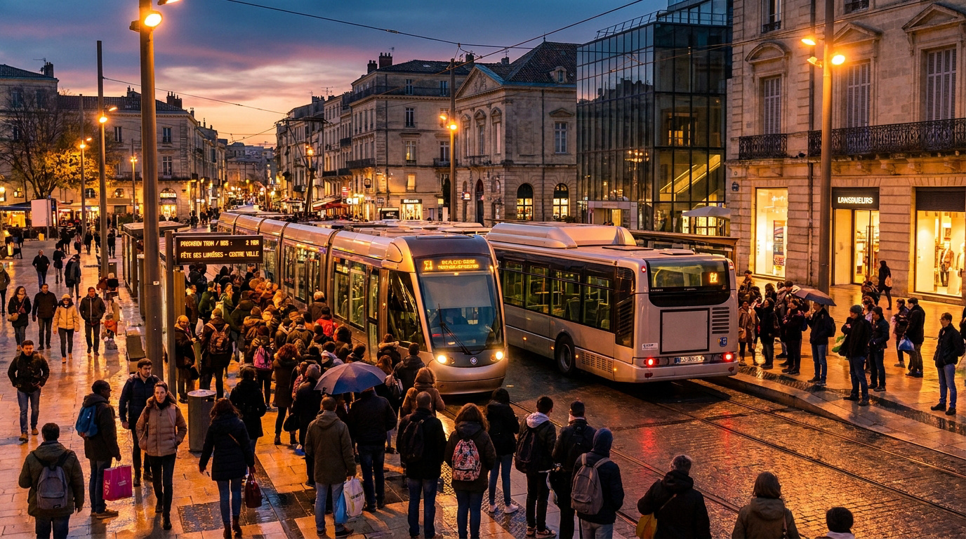 Foule attendant le tramway et le bus TaM à Montpellier au crépuscule.