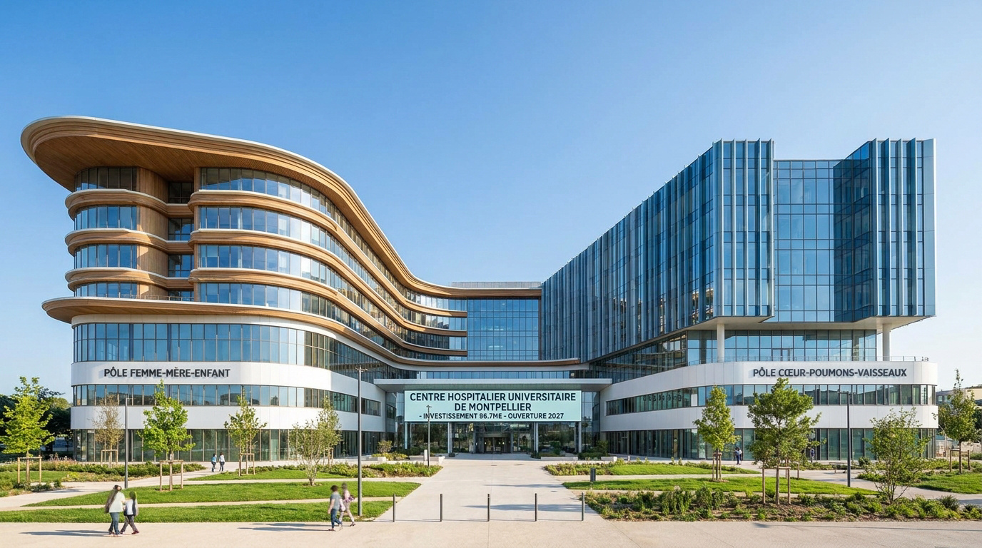 Rendu architectural de l'extension du CHU de Montpellier, moderne et lumineux, sous un ciel bleu clair.