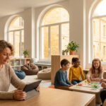 Une femme utilisant une tablette numérique dans une salle de jeux lumineuse où des enfants jouent avec un adulte.