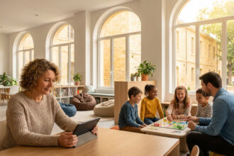 Une femme utilisant une tablette numérique dans une salle de jeux lumineuse où des enfants jouent avec un adulte.