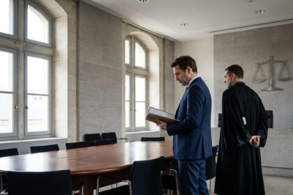 Un homme en costume et un avocat en robe noire dans une salle d'audience à Montpellier.