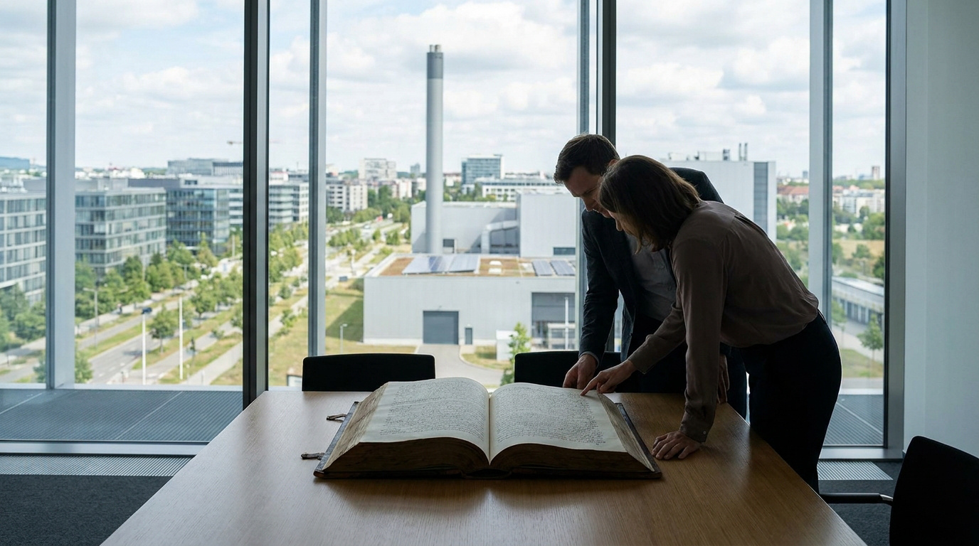 Un homme et une femme en tenue de bureau examinent un grand livre ouvert sur une table devant une fenêtre panoramique.