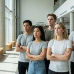 Un groupe d'étudiants déterminés se tient debout les bras croisés dans le hall d'une université moderne.
