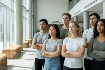 Un groupe d'étudiants déterminés se tient debout les bras croisés dans le hall d'une université moderne.