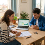 Un jeune couple assis à une table examine des documents financiers et un contrat de location sur un ordinateur portable.