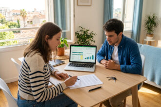 Un jeune couple assis à une table examine des documents financiers et un contrat de location sur un ordinateur portable.