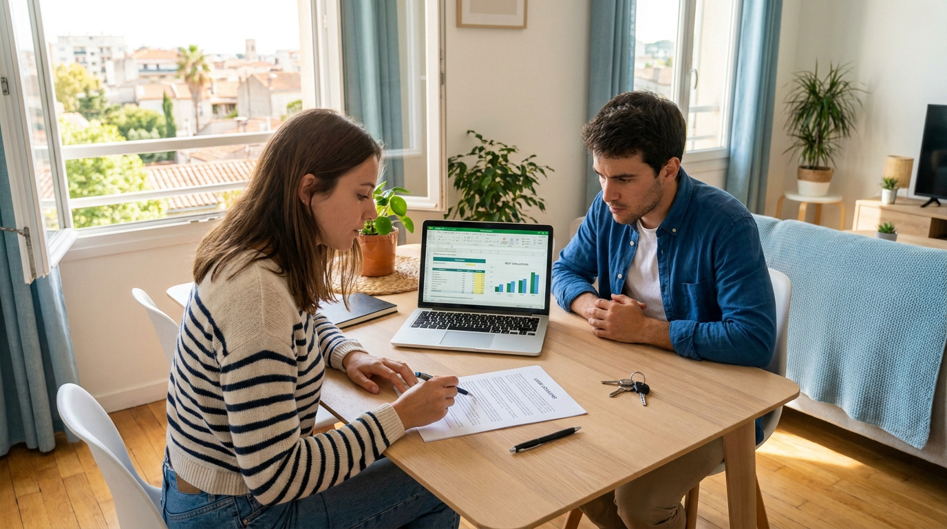 Un jeune couple assis à une table examine des documents financiers et un contrat de location sur un ordinateur portable.