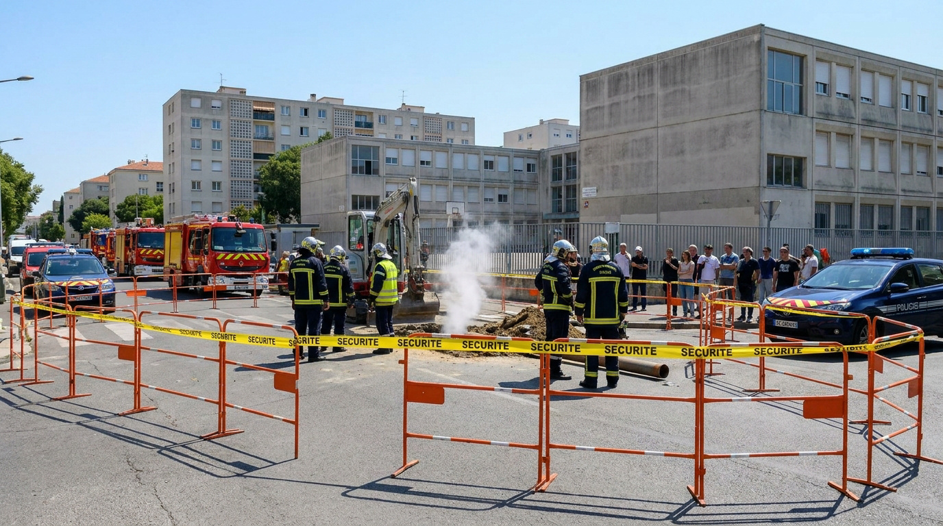 Pompiers et policiers sécurisent une fuite de gaz à Montpellier Mosson avec des barrières et un périmètre de sécurité.