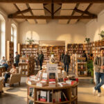 Vue intérieure chaleureuse de la librairie Grain des Mots à Montpellier avec des clients lisant et parcourant les rayons.