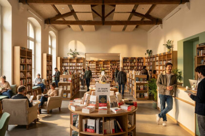 Vue intérieure chaleureuse de la librairie Grain des Mots à Montpellier avec des clients lisant et parcourant les rayons.