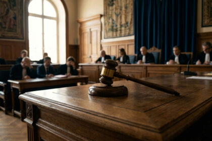 Un maillet de juge en bois posé sur une table de tribunal avec des avocats en arrière-plan.