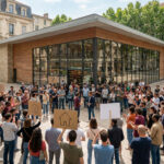 Un groupe de personnes manifeste pacifiquement devant le magasin Monoprix aux studios Lunaret à Montpellier.