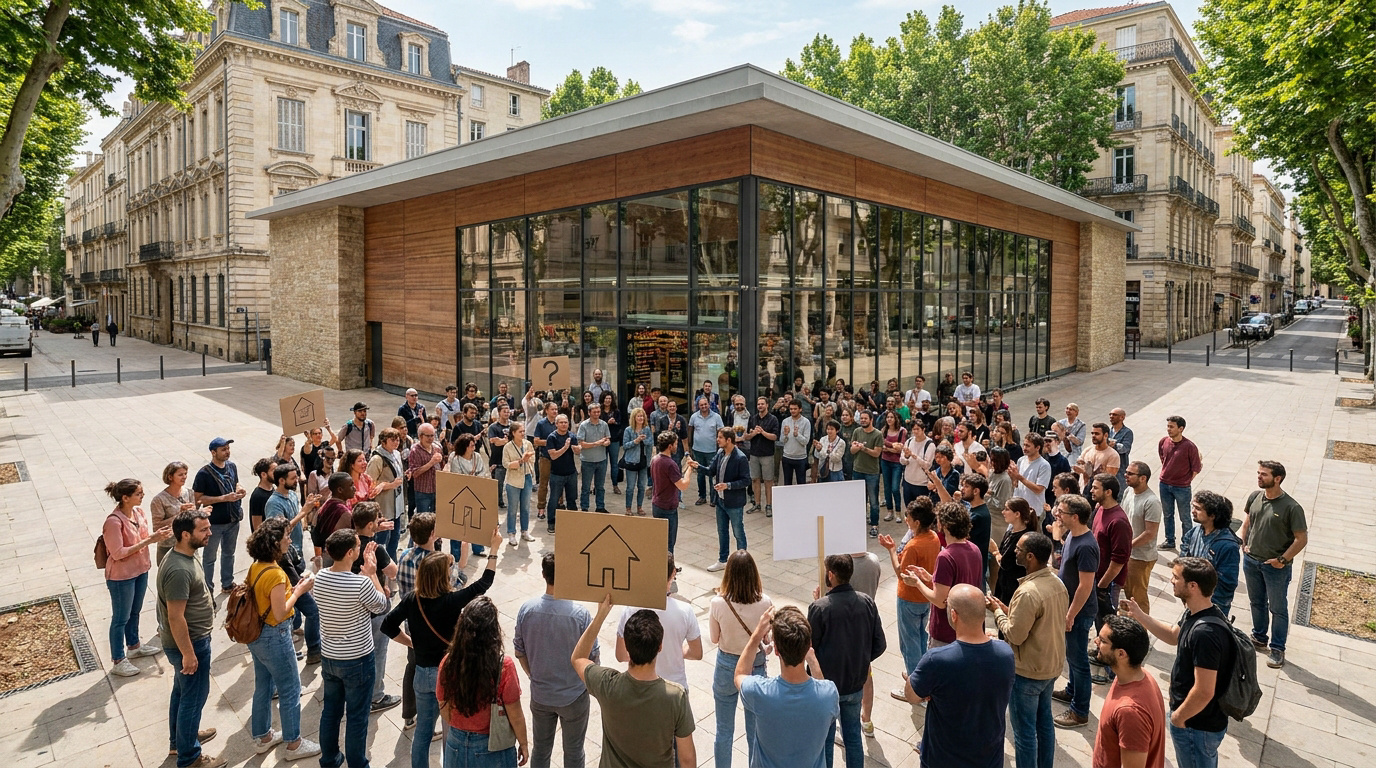 Un groupe de personnes manifeste pacifiquement devant le magasin Monoprix aux studios Lunaret à Montpellier.