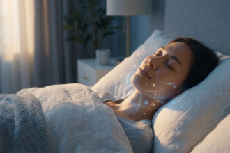 Femme dormant paisiblement avec une illustration lumineuse autour de la gorge représentant un implant d'apnée.