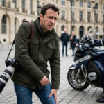 Un journaliste équipé d'un appareil photo tient sa jambe avec une expression de douleur près d'un policier à moto.