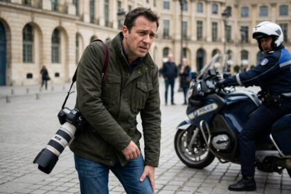 Un journaliste équipé d'un appareil photo tient sa jambe avec une expression de douleur près d'un policier à moto.