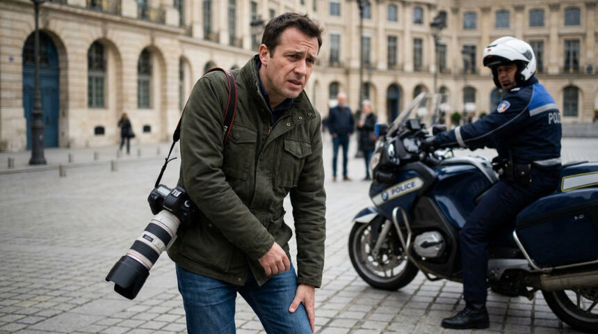 Un journaliste équipé d'un appareil photo tient sa jambe avec une expression de douleur près d'un policier à moto.