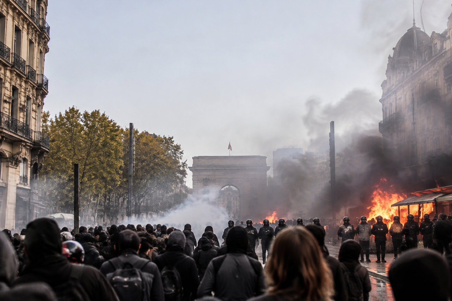 Manifestants et forces de l'ordre face à des barricades en feu devant l'Arc de Triomphe à Montpellier.