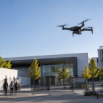 Un drone en plein vol au-dessus d'une cour de lycée avec des élèves marchant en arrière-plan sous un ciel dégagé.