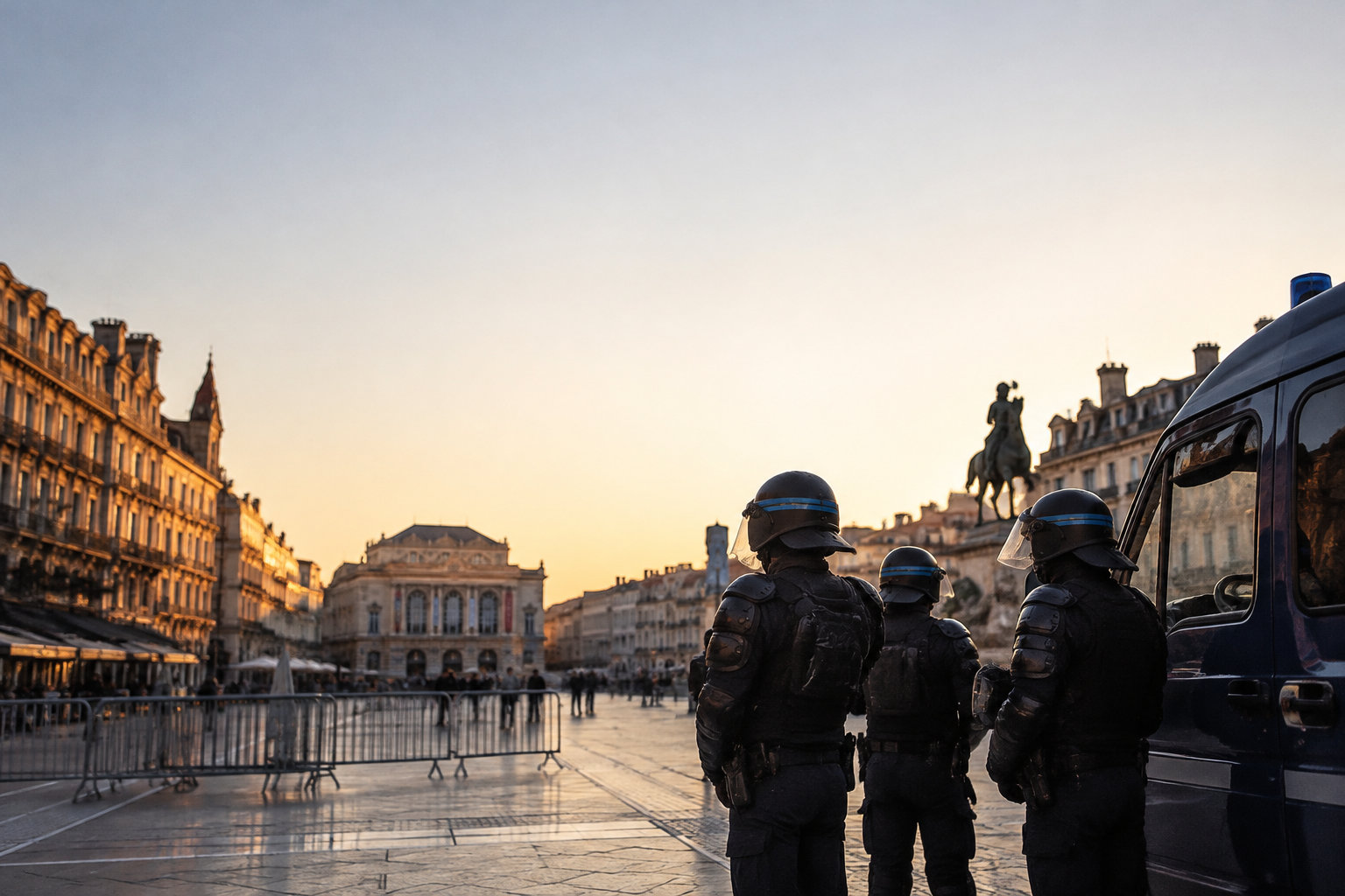 Des policiers en tenue anti-émeute sur la place de la Comédie à Montpellier au crépuscule.