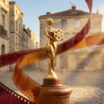 Une statuette dorée de cinéma entourée d'une pellicule sur une place pavée de Montpellier.