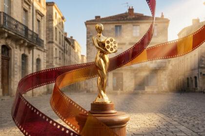 Une statuette dorée de cinéma entourée d'une pellicule sur une place pavée de Montpellier.