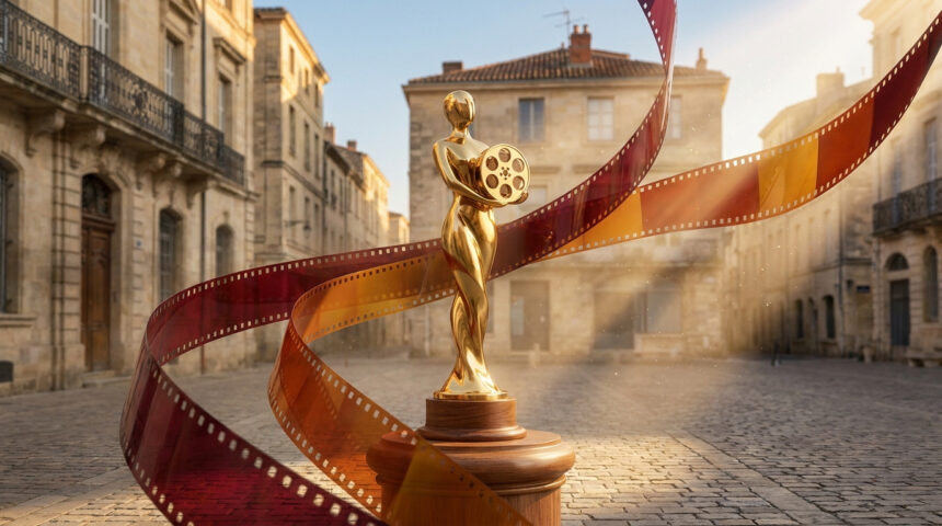 Une statuette dorée de cinéma entourée d'une pellicule sur une place pavée de Montpellier.