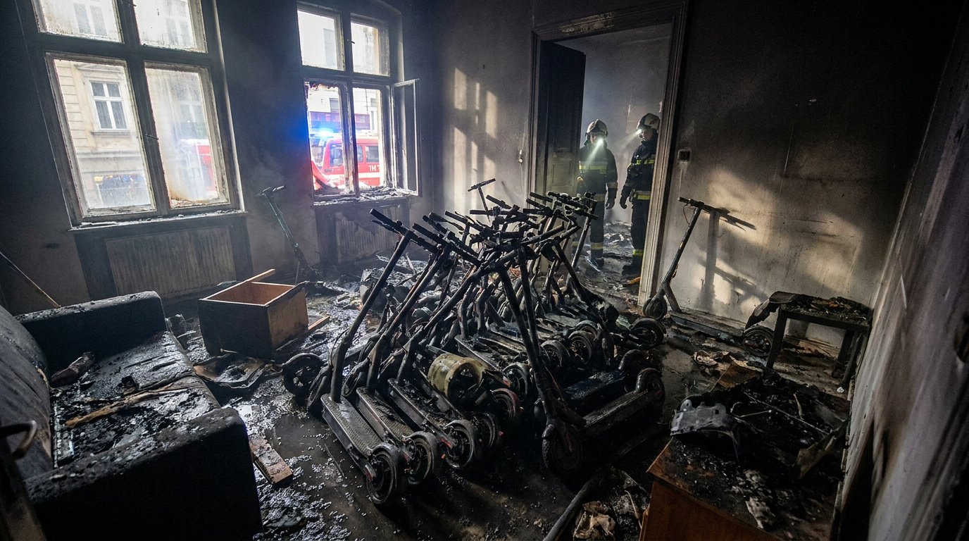Pompiers inspectant un appartement calciné rempli de dizaines de trottinettes électriques brûlées.