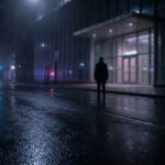 Un homme seul face à un bâtiment moderne sous une pluie nocturne, avec des gyrophares de police au loin.