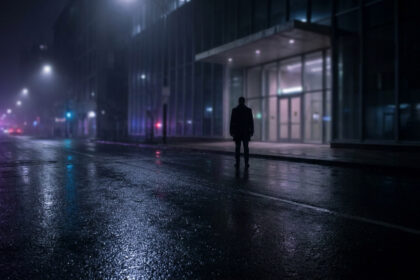 Un homme seul face à un bâtiment moderne sous une pluie nocturne, avec des gyrophares de police au loin.