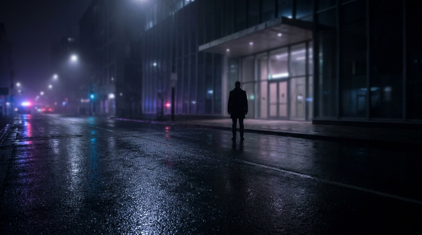 Un homme seul face à un bâtiment moderne sous une pluie nocturne, avec des gyrophares de police au loin.